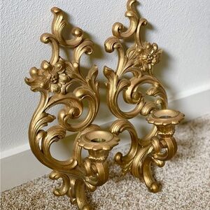 Vintage 1965 syroco plastic scroll hanging candle sticks holder set of 2